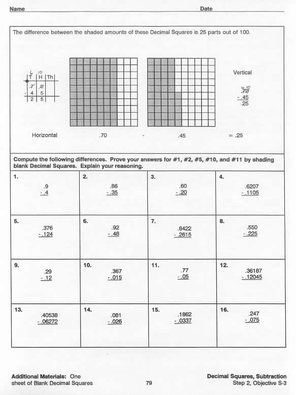 Subtraction Sample Worksheet – Decimal Squares